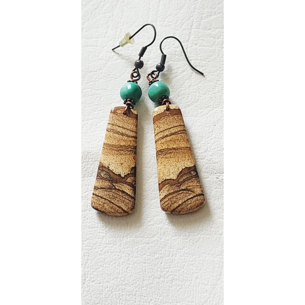 Vintage Silver Tone Picture Jasper Dangle Leather Earrings Signed RC